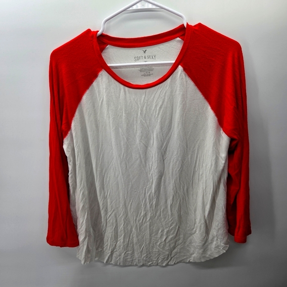 American Eagle Soft & Sexy Red White Ragland Cropped Tee Women's Large - Picture 1 of 4